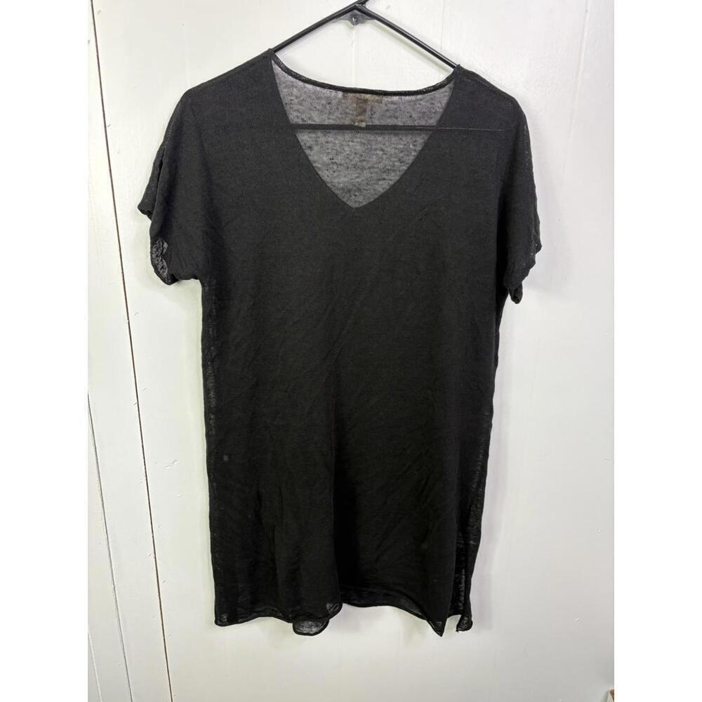 Eileen Fisher Dress Womens XS Organic Linen Shift Short Sleeve Split Hem Black